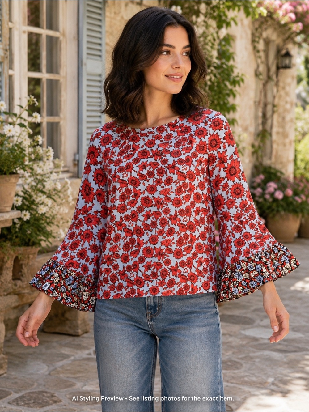 Dalia S Red Blue Floral Blouse Contrast Print Ruffle Bell Sleeves Boho